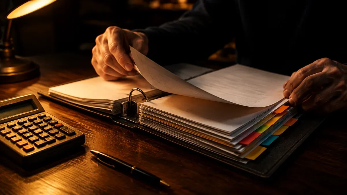 Aufgeschlagener Aktenordner mit Registerlaschen und Tischrechner auf dunklem Holztisch