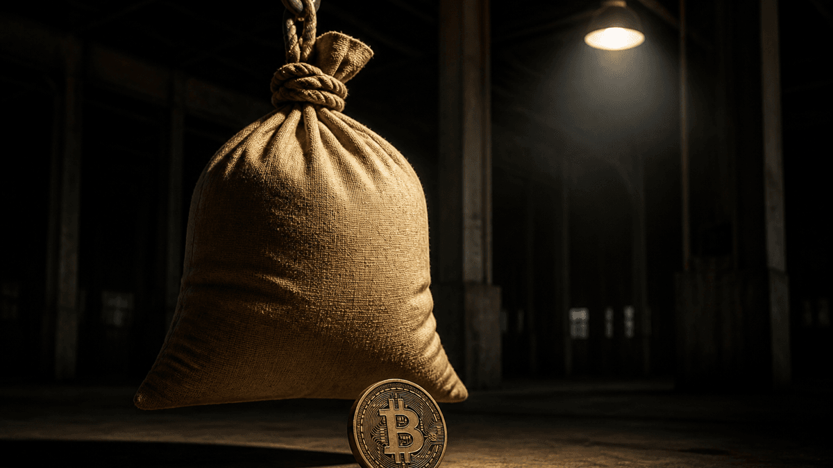 Praller Postsack aus grobem Leinen mit fest zugezogener Kordel, hängend in einer leeren Sortierhalle, davor eine Münze mit eingeprägtem Bitcoin-Zeichen