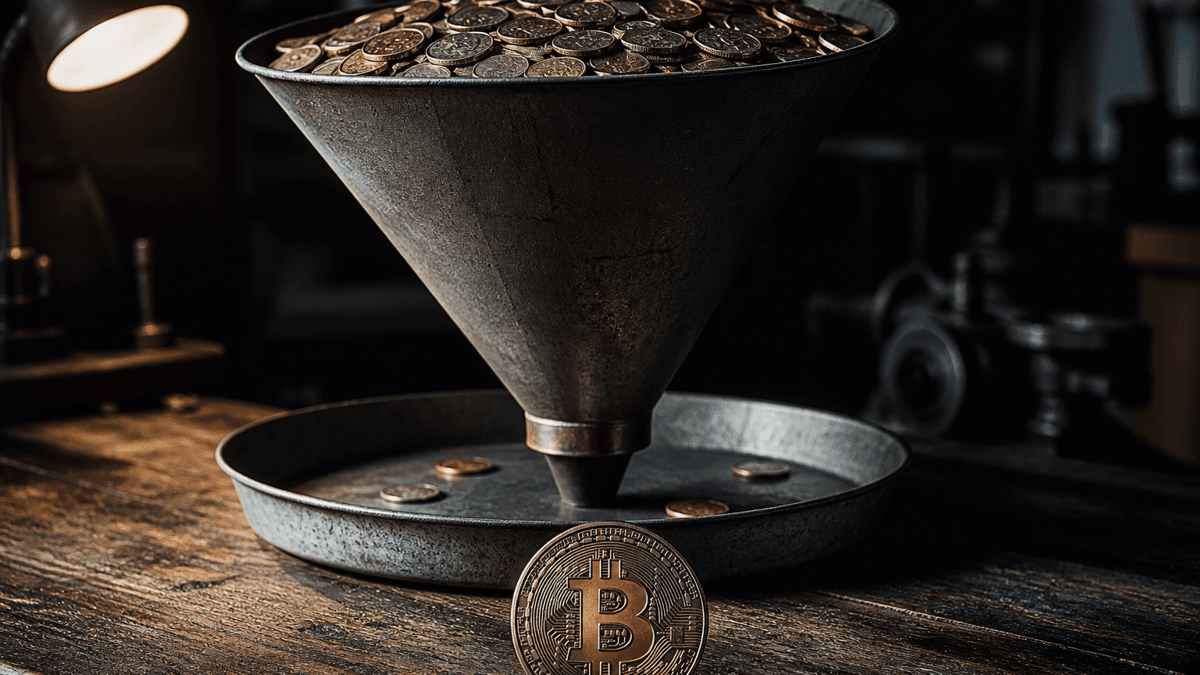 Eiserner Trichter randvoll mit dicht gedrängten Münzen über einer Zinkschale, in der nur wenige einzelne Münzen liegen, davor eine große Münze mit Bitcoin-Zeichen