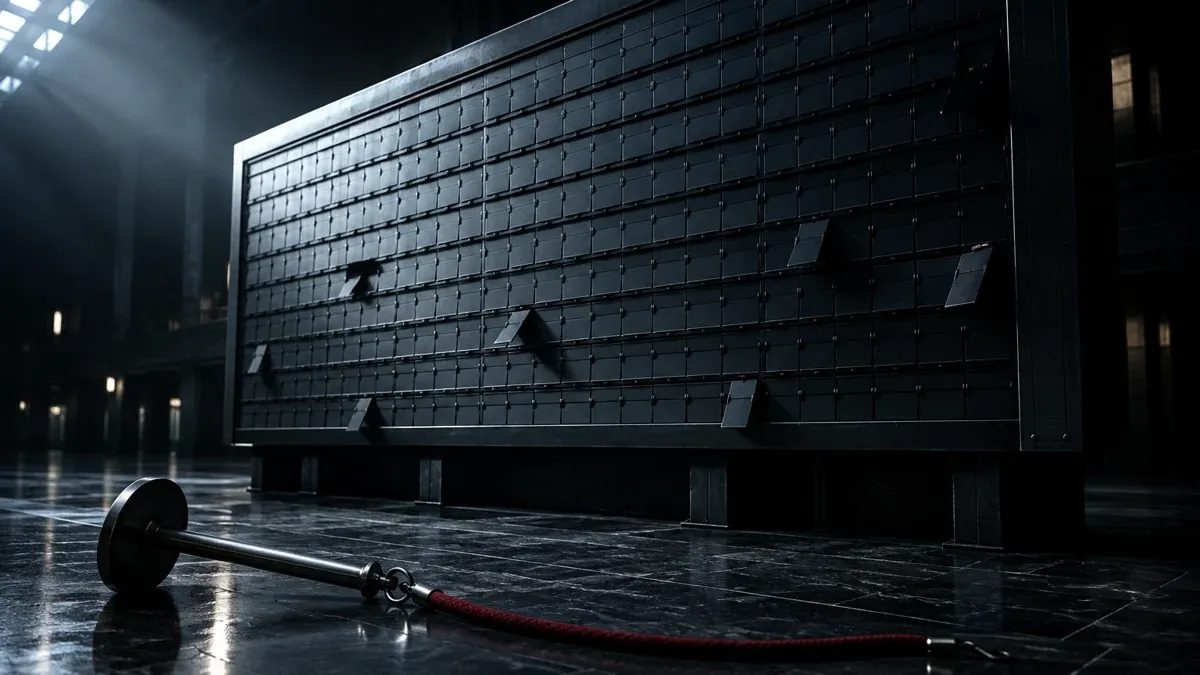 Huge mechanical split-flap display board with entirely empty rows in a deserted hall at night