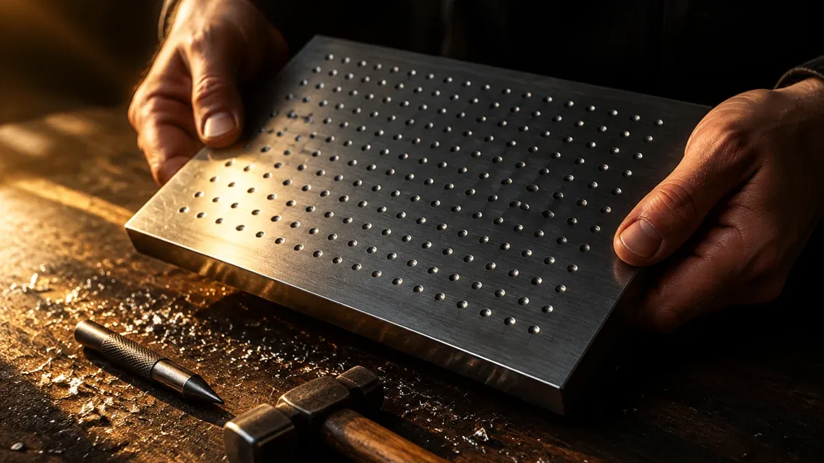 Two hands hold a stainless steel plate with rows of punched dots, next to it punches and a hammer