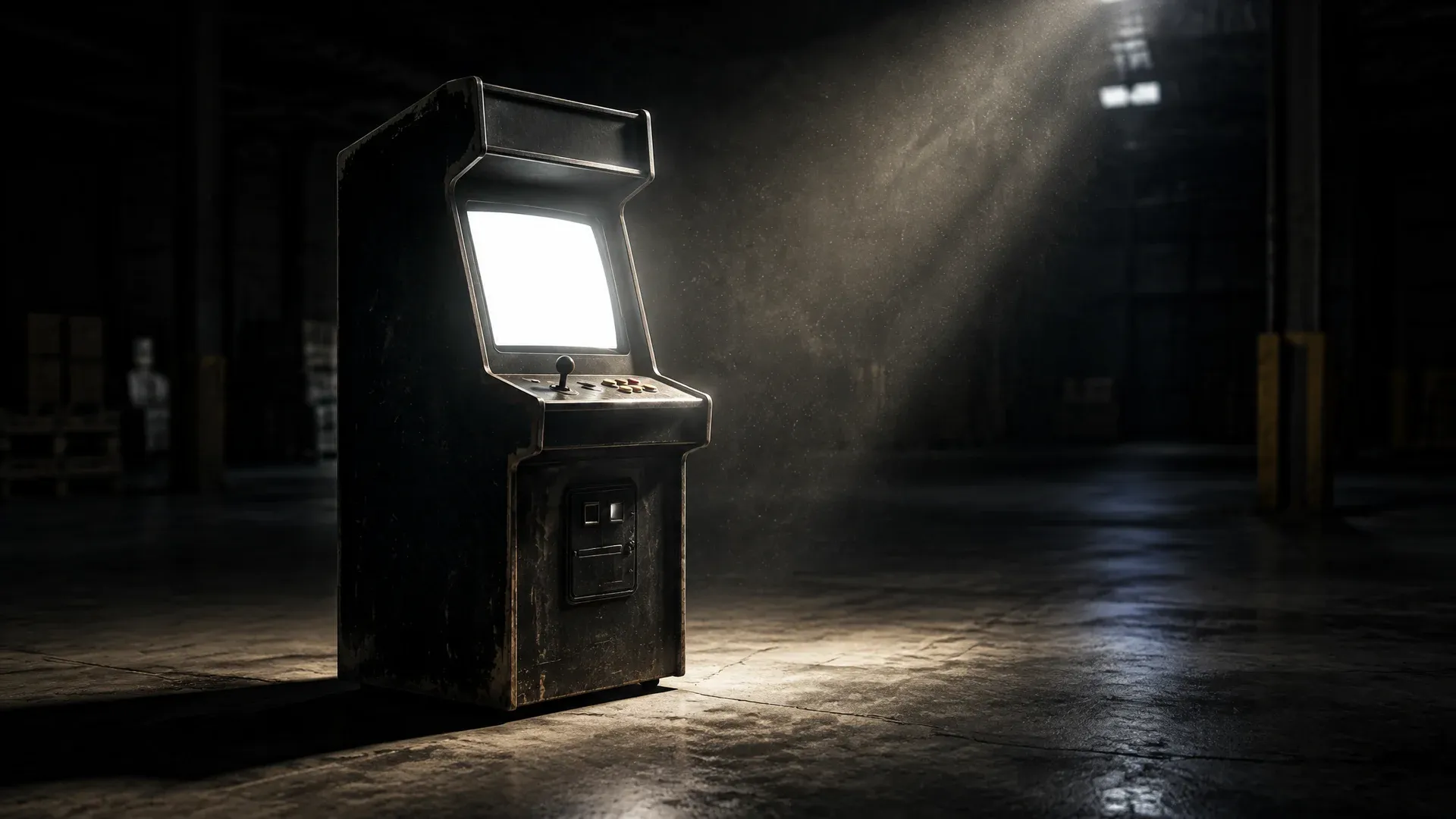 Einzelner markenloser Arcade-Automat mit leuchtendem Bildschirm in einer dunklen Lagerhalle