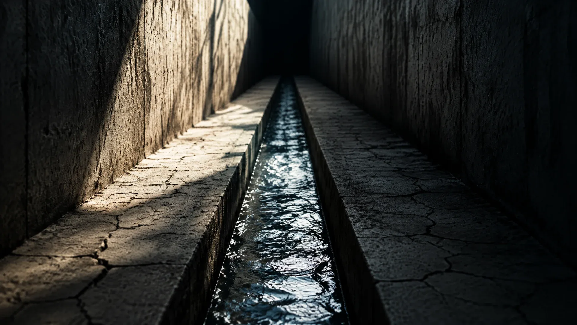 Schmale betonierte Wasserrinne zwischen hohen Betonwänden, nur in einem engen Streifen in der Mitte strömt Wasser, die breiten Seitenkanäle liegen trocken und rissig