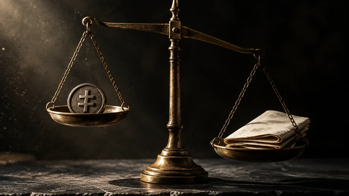 Antike Messing-Balkenwaage auf dunkler Steinplatte, links eine schwere Metallmünze mit eingeprägtem Währungszeichen, rechts ein gefaltetes Papierdokument, der Balken neigt sich leicht zur Papierseite