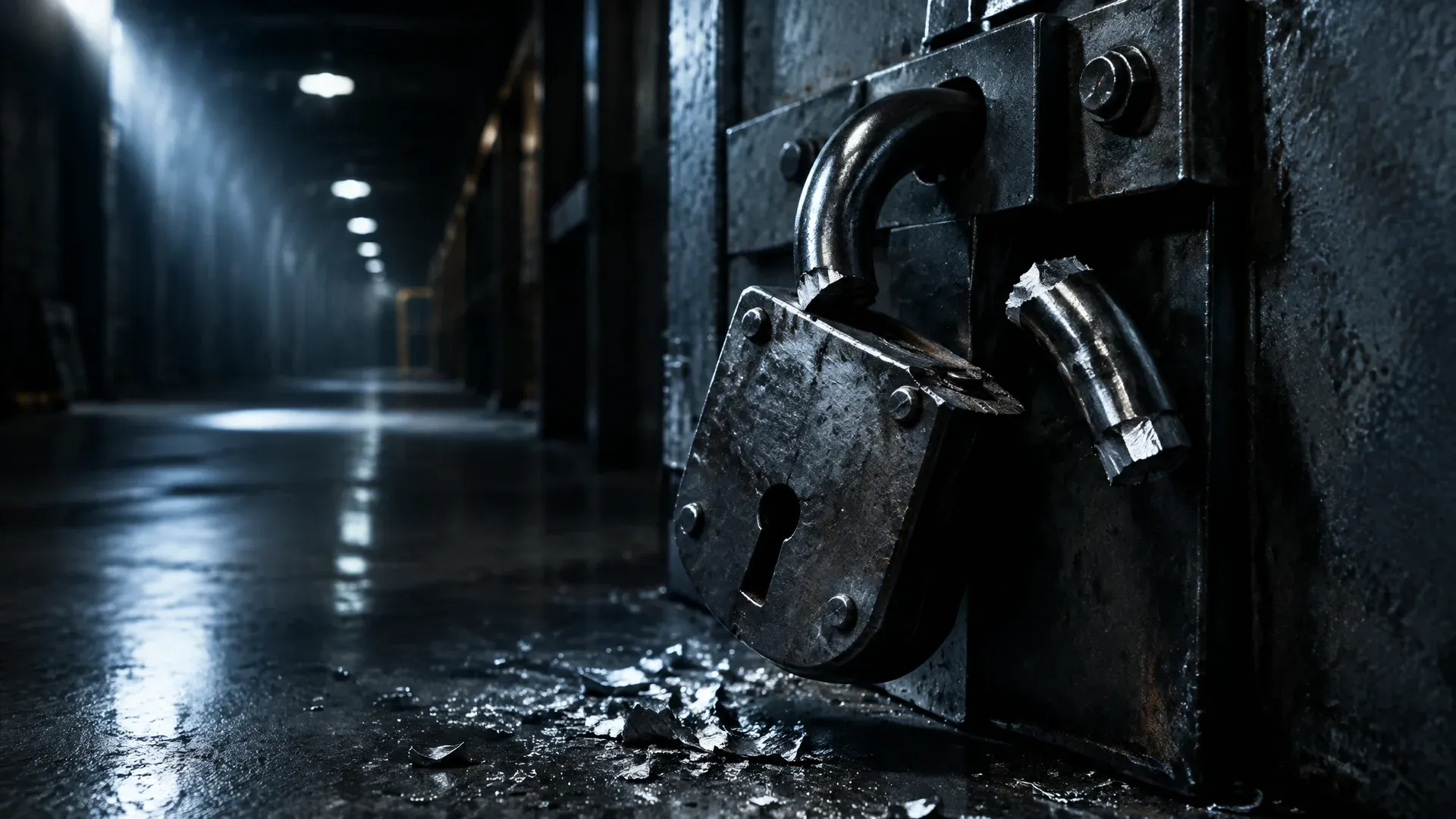 Forced heavy steel padlock on a massive steel door in an industrial corridor, the shackle cut cleanly through