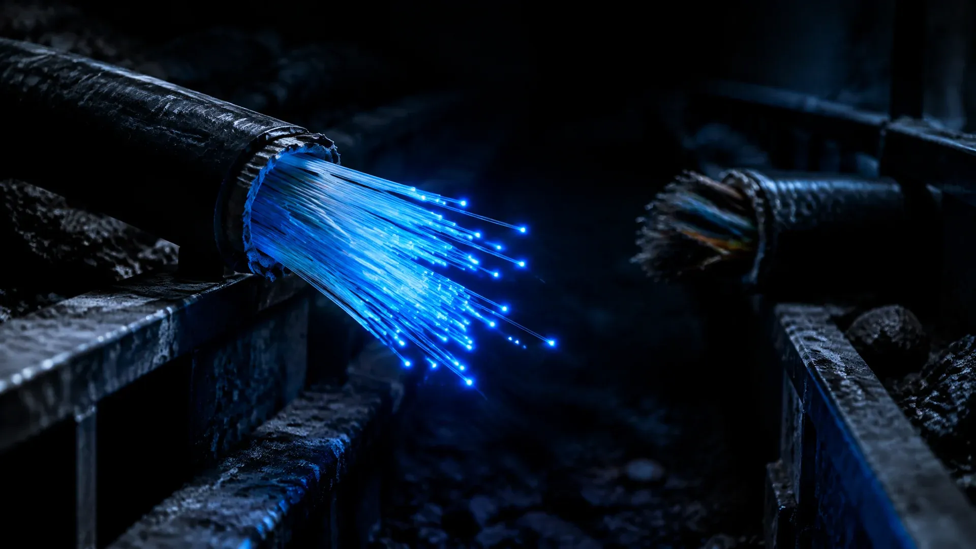 Severed fibre-optic bundle in a cable duct, the cut fibre ends glowing individually blue in the dark