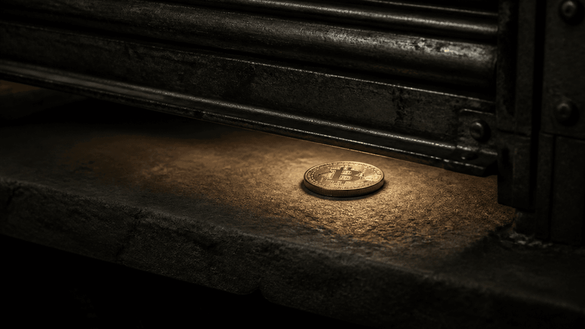 A half-lowered metal roller shutter over the counter of a bureau de change, a single coin bearing a Bitcoin symbol in the gap of light