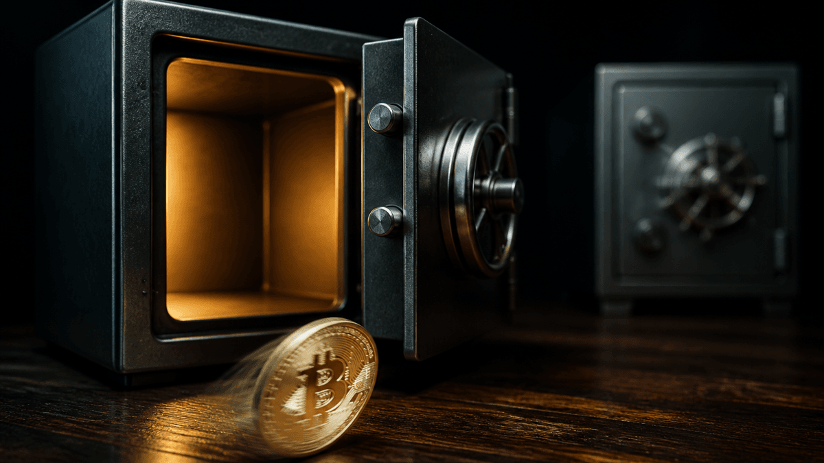 A small open steel safe on dark wood, with a coin bearing a Bitcoin symbol rolling towards the open door