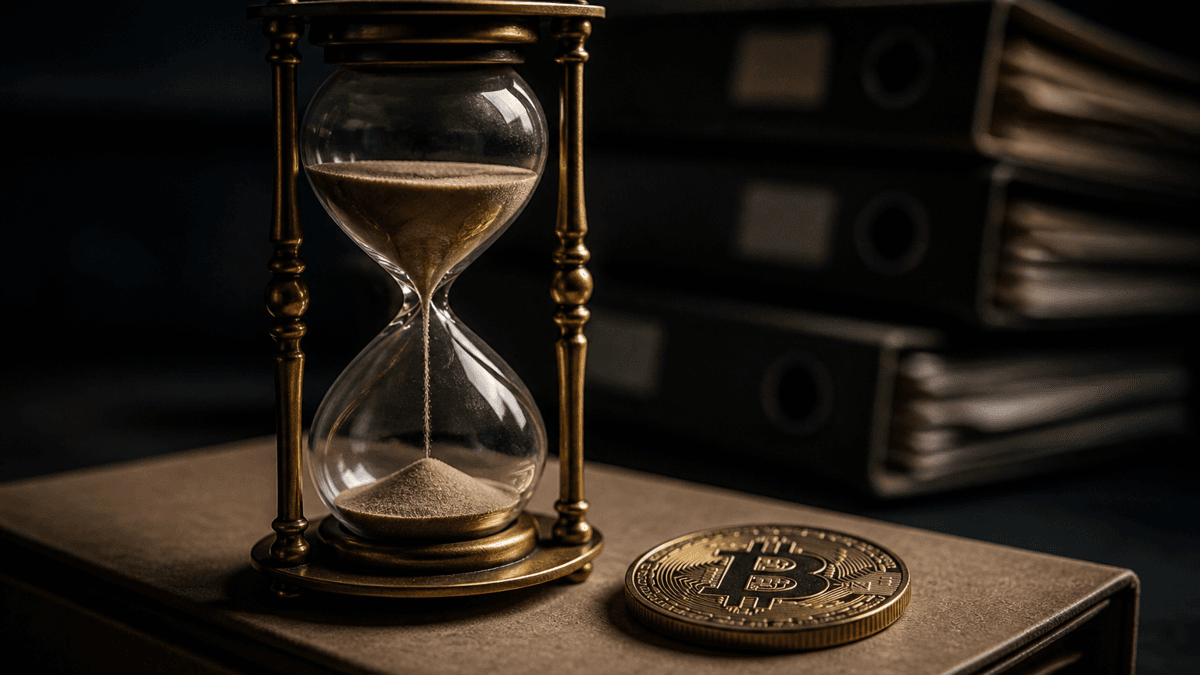 Messing-Sanduhr mit rieselndem Sand auf einem Aktendeckel, daneben flach liegend eine M&uuml;nze mit eingepr&auml;gtem Bitcoin-Symbol