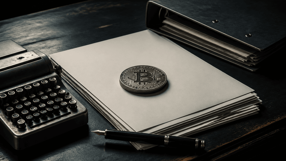 Dunkler Schreibtisch mit einem Stapel leerer Formularb&ouml;gen, mechanischem Tischrechner, F&uuml;llfederhalter und einer M&uuml;nze mit Bitcoin-Symbol obenauf