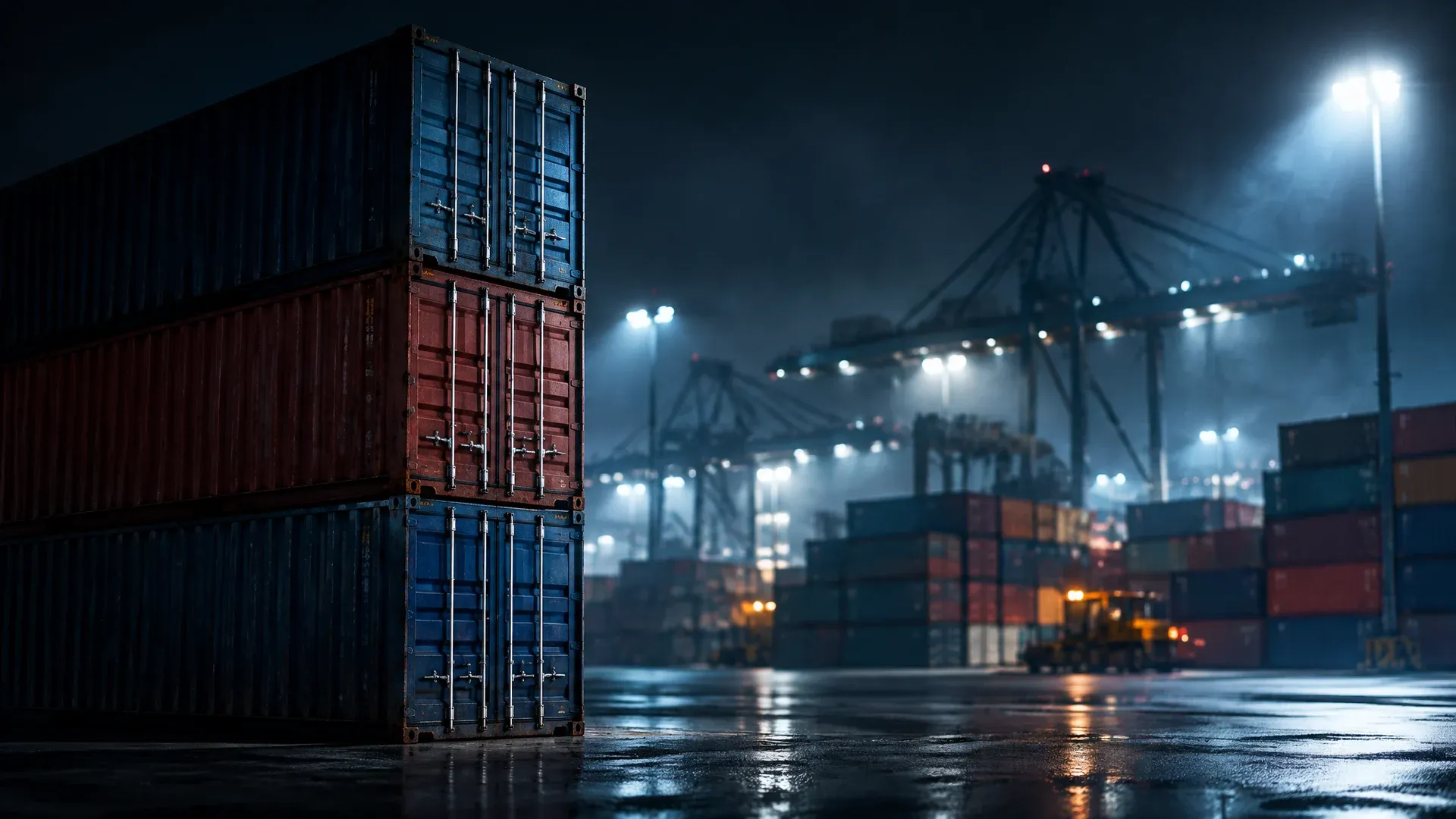 Frachtterminal bei Nacht mit Reihen gestapelter Container unter Flutlicht