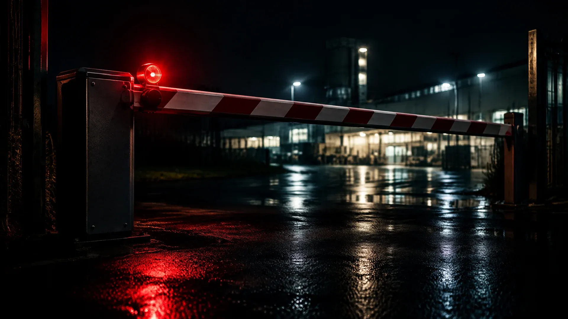 Halb geschlossene Schlagbaumschranke an einer Einfahrt bei Nacht, dahinter ein beleuchteter Innenhof