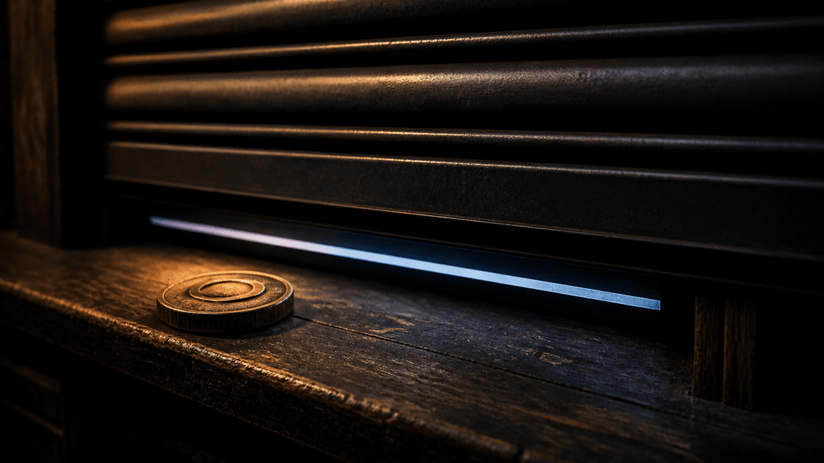A metal shutter almost fully lowered over a service counter, a coin lying on the wooden ledge in front of it