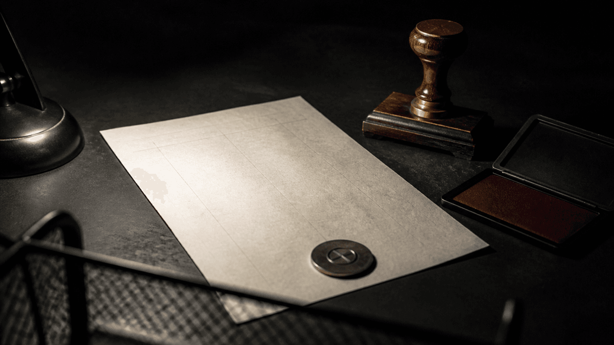 A blank routing slip on a dark desktop with a wooden stamp, an ink pad and a coin as a paperweight