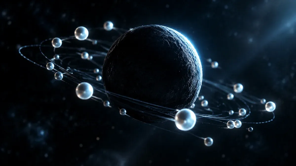 Small bright spheres orbit a larger dark sphere
