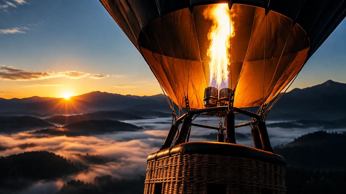 Heissluftballon mit leuchtender Brennerflamme steigt im Morgenlicht aus einem Tal voller Bodennebel auf