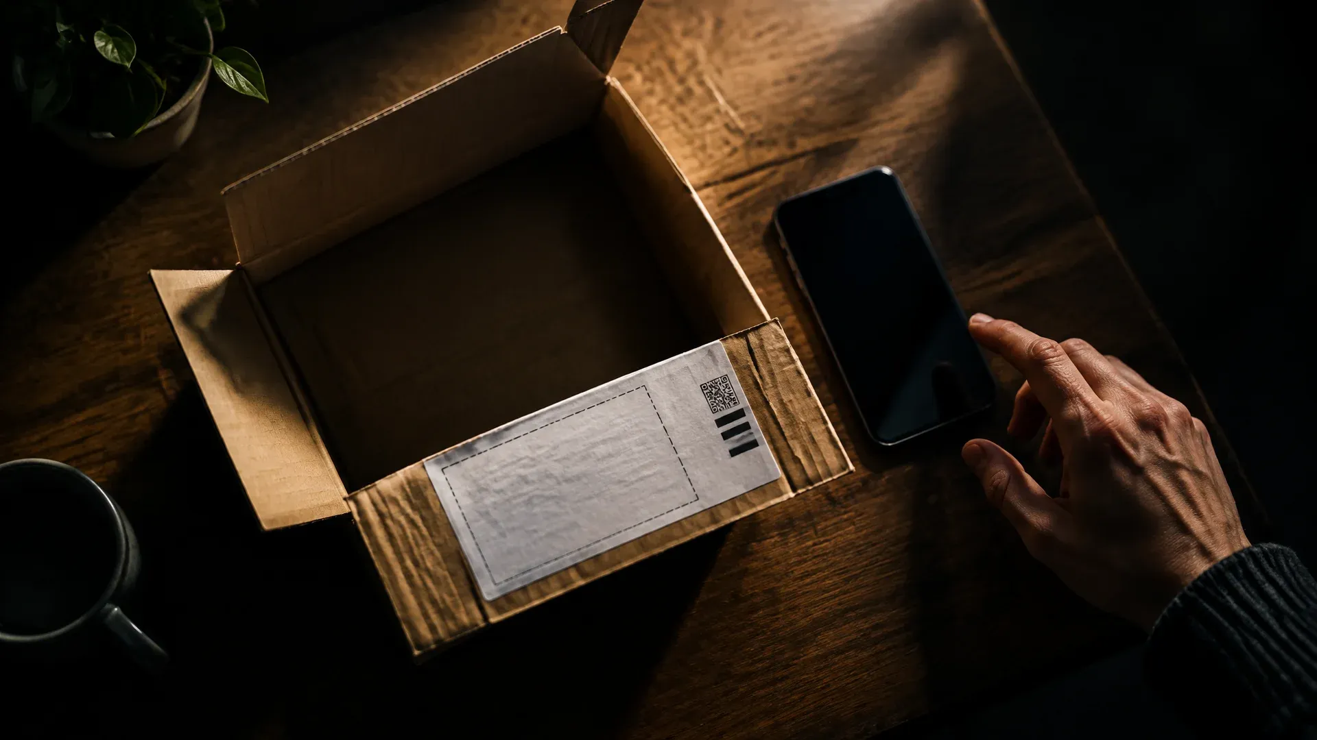 Küchentisch von oben, ein geöffnetes Versandpaket mit leerem Rücksendeaufkleber neben einem Smartphone mit dunklem Display
