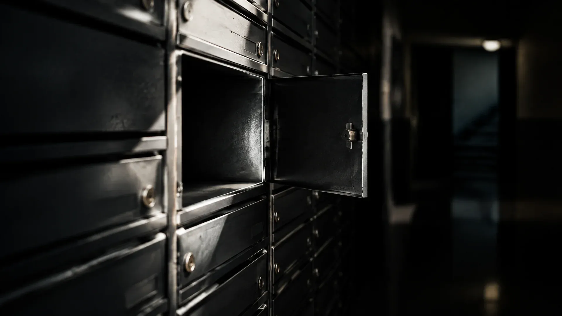 Row of narrow metal letterboxes in a dark hallway, a single flap standing open to reveal the empty interior
