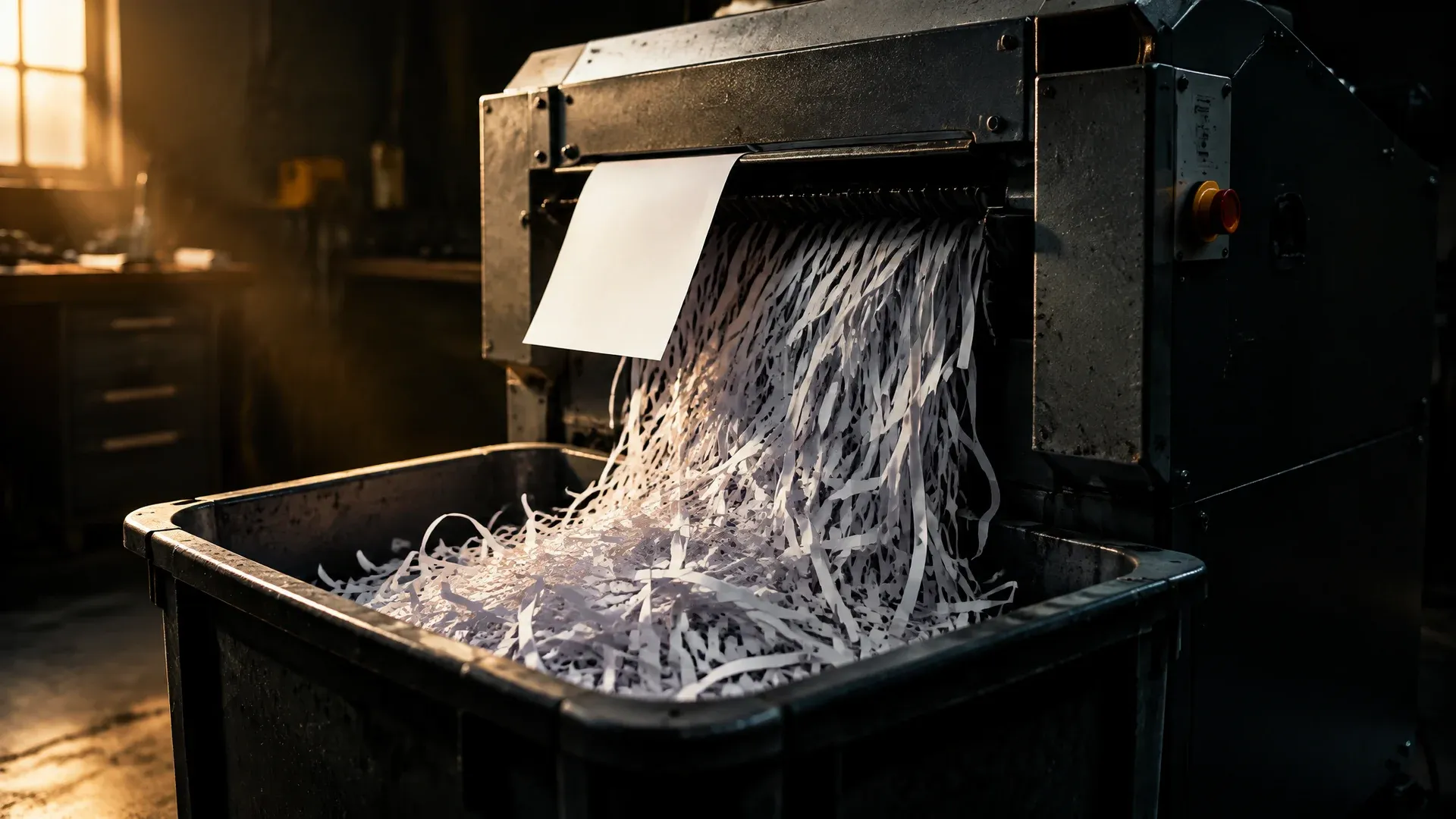Industrial shredder in a dark workshop, blank paper strips in the collection bin, one intact sheet hanging at the feed