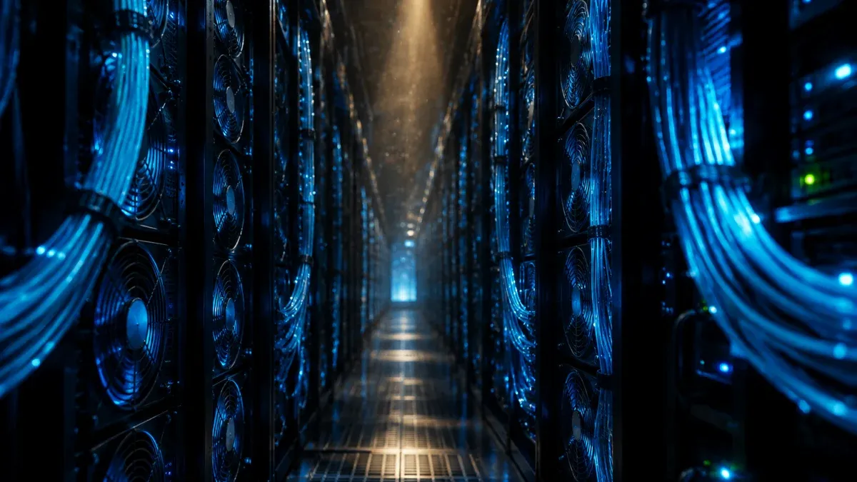 Narrow aisle between two rows of densely packed compute accelerator racks, blue glowing fan walls and bundled fibre optic cables in a dark data centre.