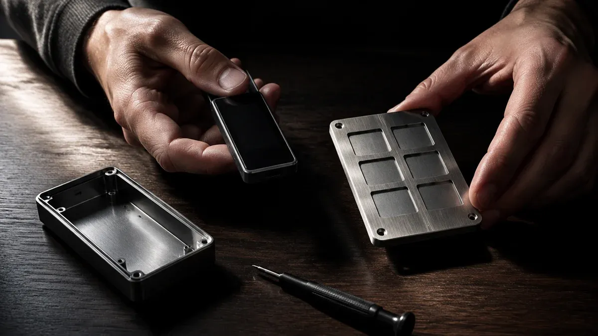 Two hands above a dark tabletop hold a small hardware device with no lettering and place a brushed stainless steel plate with empty punch fields beside it.