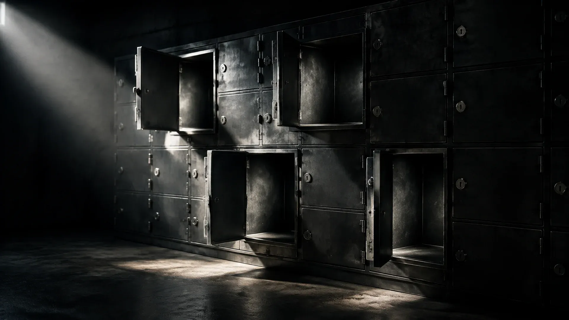 Wall of heavy steel lockers in a dark basement, four doors standing open while all the others remain bolted