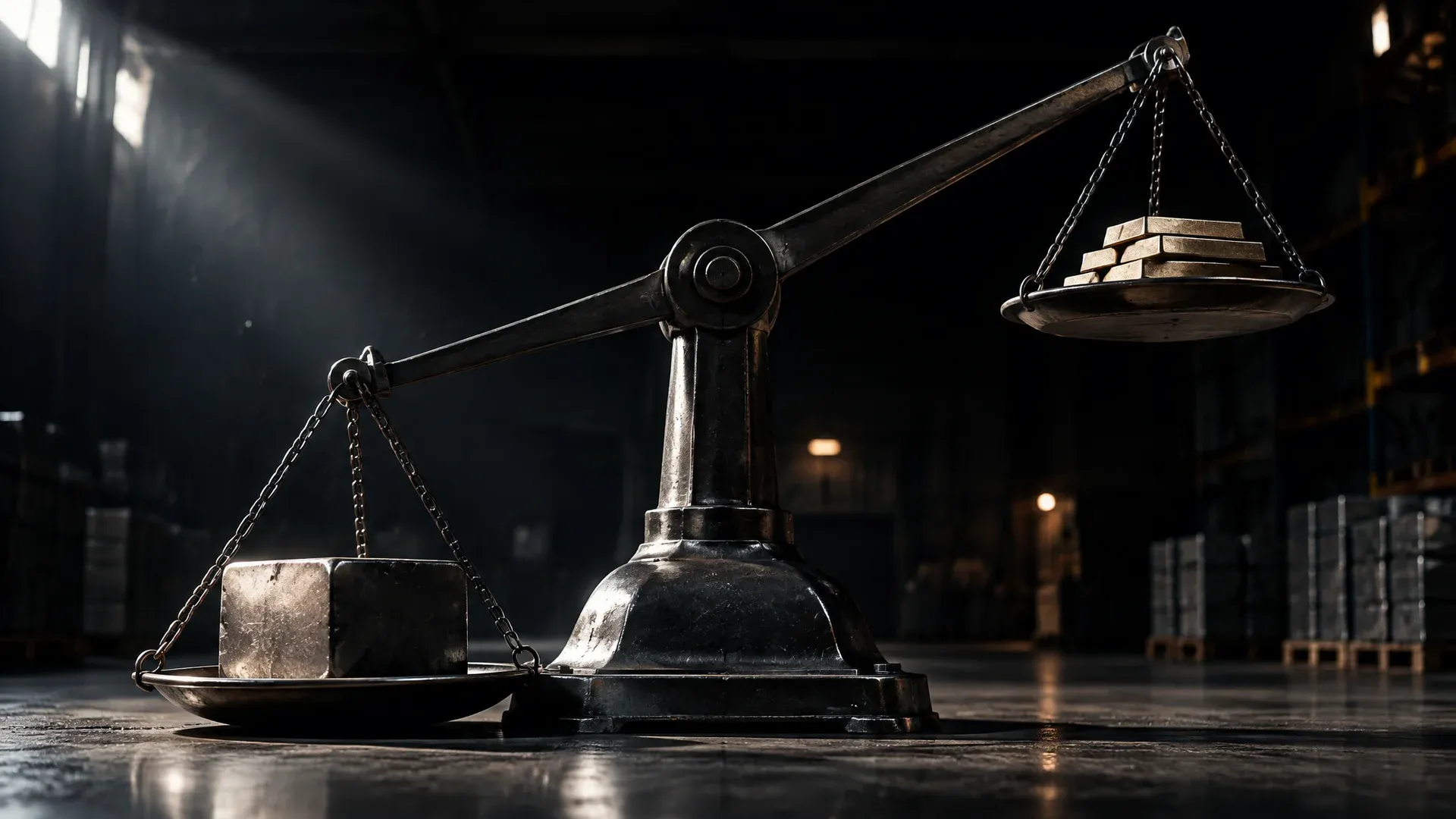 Steel beam balance in a dark hall, a massive metal block pressing one pan to the floor while the other, holding a few bars, hangs high