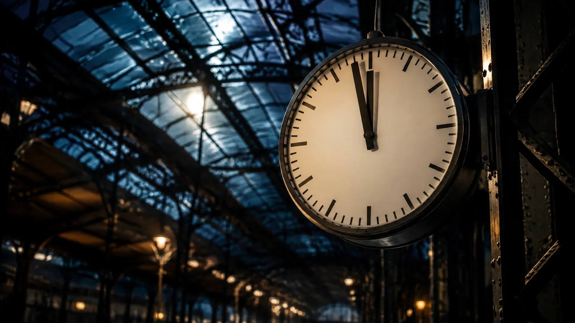Große Bahnhofsuhr ohne Ziffern in einer leeren nachtdunklen Bahnhofshalle, der Minutenzeiger steht kurz vor dem oberen Anschlag
