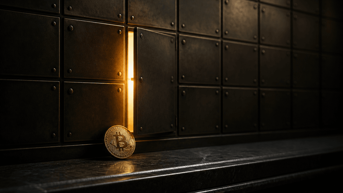 Eine Wand aus verschlossenen Messing-Schließfächern ohne Griffe, nur ein einziges Fach steht einen Spalt offen und lässt warmes Licht heraus, davor eine Metallmünze mit Bitcoin-Zeichen