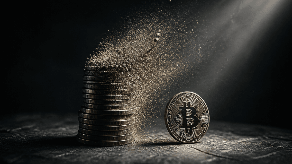Ein Stapel Metallmünzen, dessen obere Hälfte zu feinem Metallstaub zerfällt und in einem schrägen Lichtstrahl in der Luft hängt, daneben eine unversehrte Münze mit Bitcoin-Zeichen