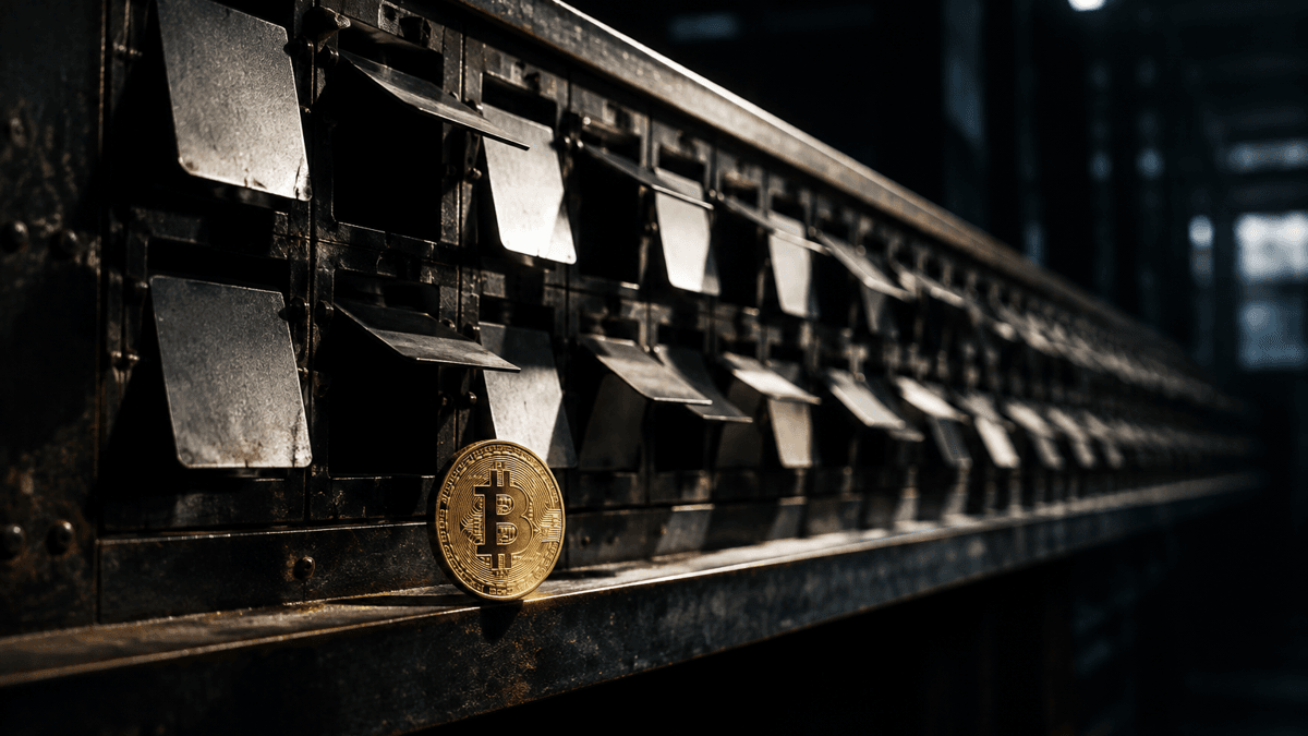Reihe leerer, umgeklappter Metallklappen einer alten Anzeigetafel in dunkler Halle, davor eine Münze mit Bitcoin-Zeichen