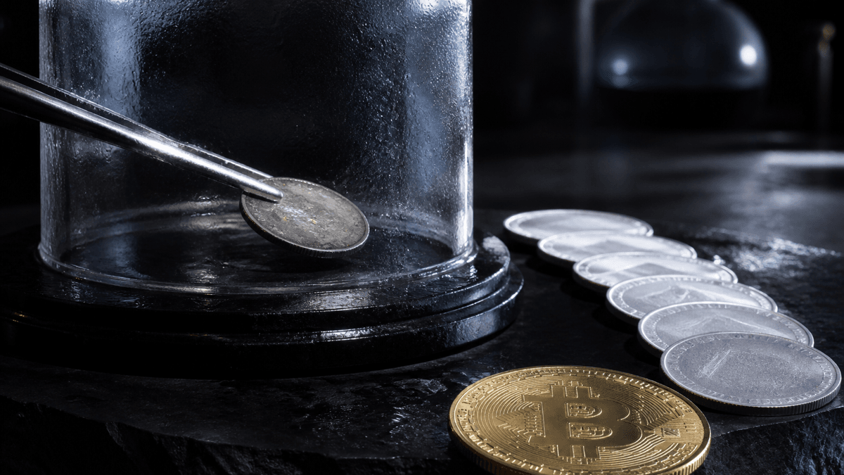 A tarnished silver coin being isolated with steel tweezers under a glass dome, next to it uncovered bright coins and a gold coin bearing the bitcoin symbol