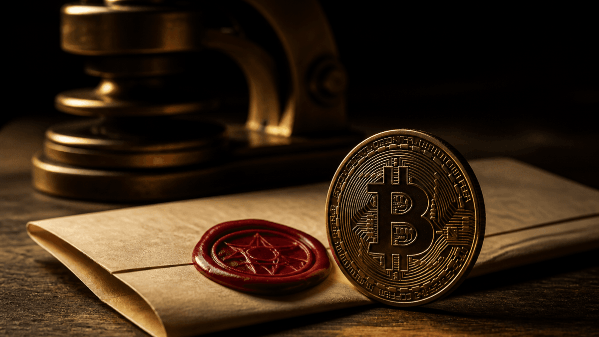 Dark red wax seal on blank parchment, in front of it an upright coin bearing the Bitcoin symbol, behind it a brass seal press