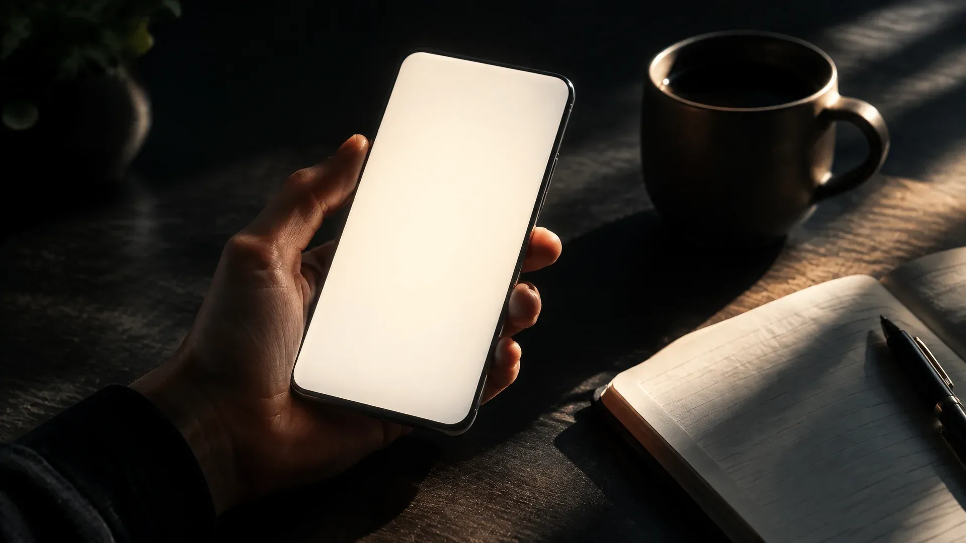 Hand holding a bezel-less smartphone above a dark desktop, the display glowing as a soft panel of light