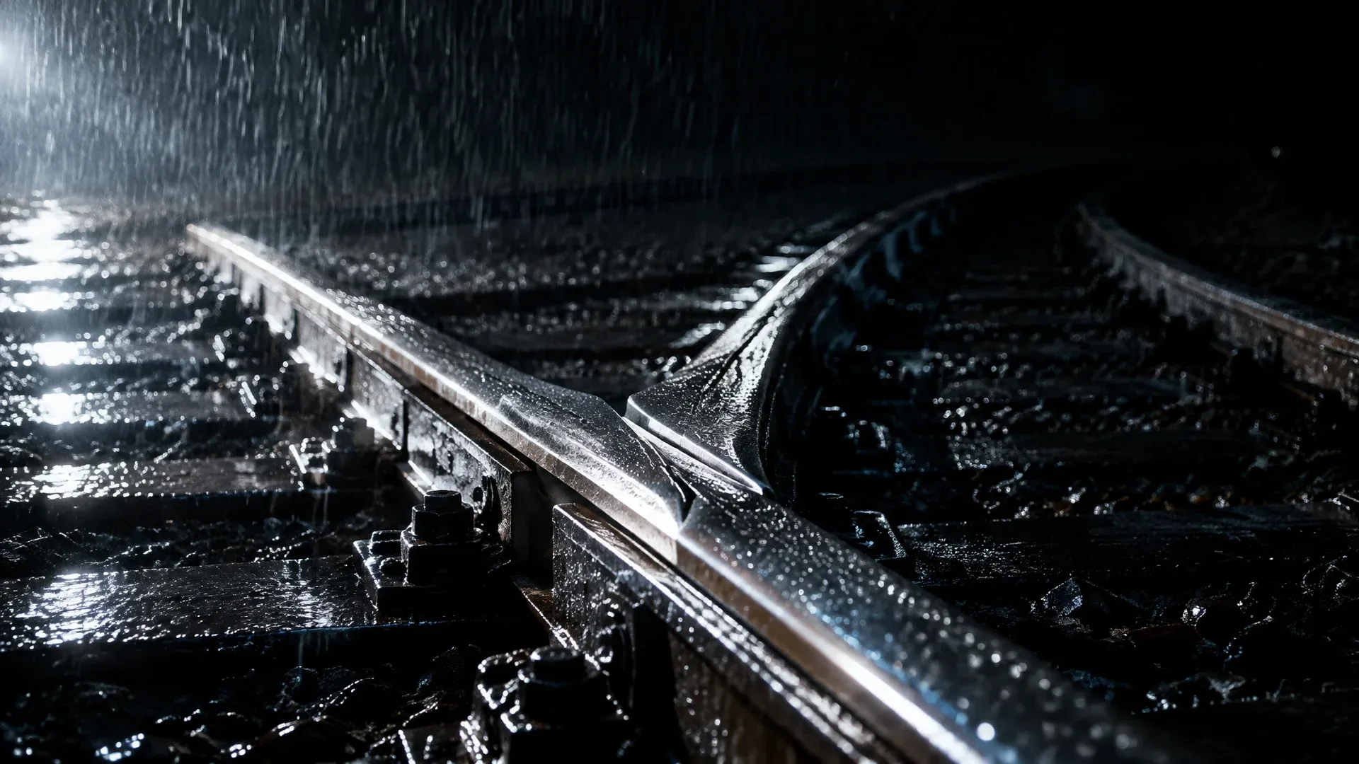 Steel railway switch in night rain, the point blade guiding the track onto a second line