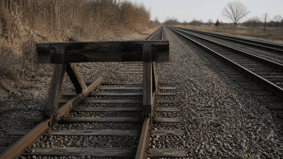 Ein Eisenbahngleis endet an einem hoelzernen Prellbock, waehrend zwei Nachbargleise weiterfuehren