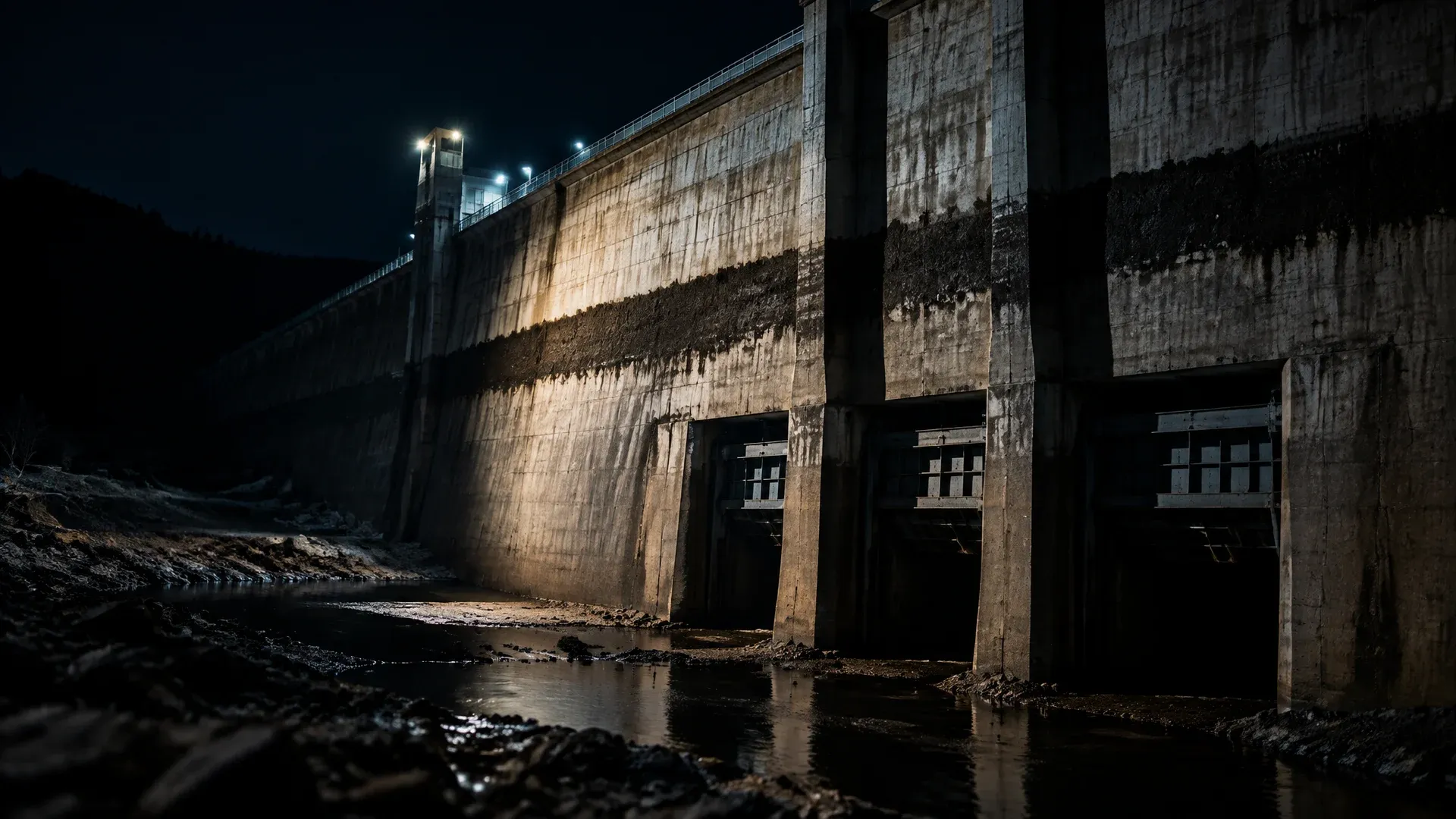 Betonstaumauer bei Nacht mit weit abgesenktem Wasserstand und einer breiten dunklen Hochwasserlinie auf der trockenen Wand