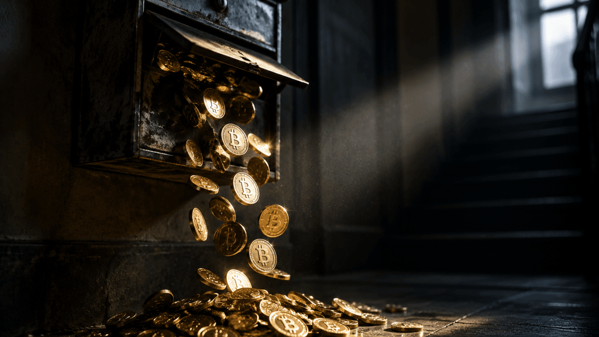 Old metal letterbox with its flap open, coins bearing Bitcoin symbols spilling out of it and falling to the ground
