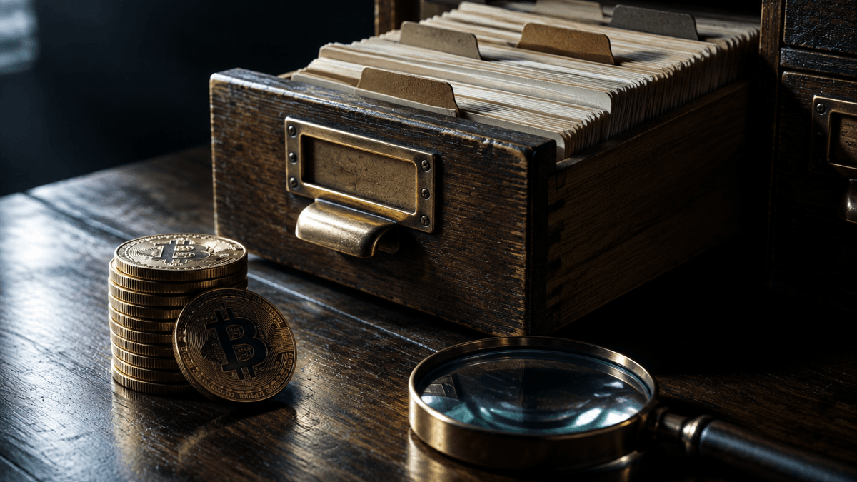 Opened card index drawer of wood and brass with unlabelled dividers, a stack of coins bearing Bitcoin symbols and a magnifying glass in front of it