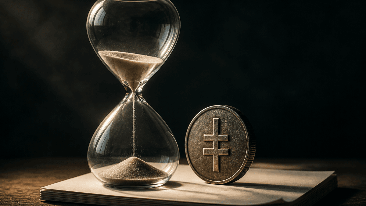 Reloj de arena de cristal con la arena cayendo sobre una hoja de calendario en blanco, al lado una moneda metálica de canto