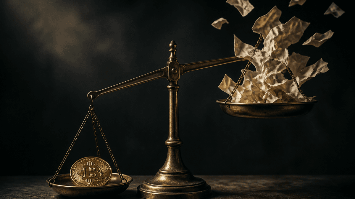 Messingfarbene Balkenwaage, auf der einen Schale eine schwere Bitcoin-Münze, auf der anderen aufsteigende leere Papierfetzen