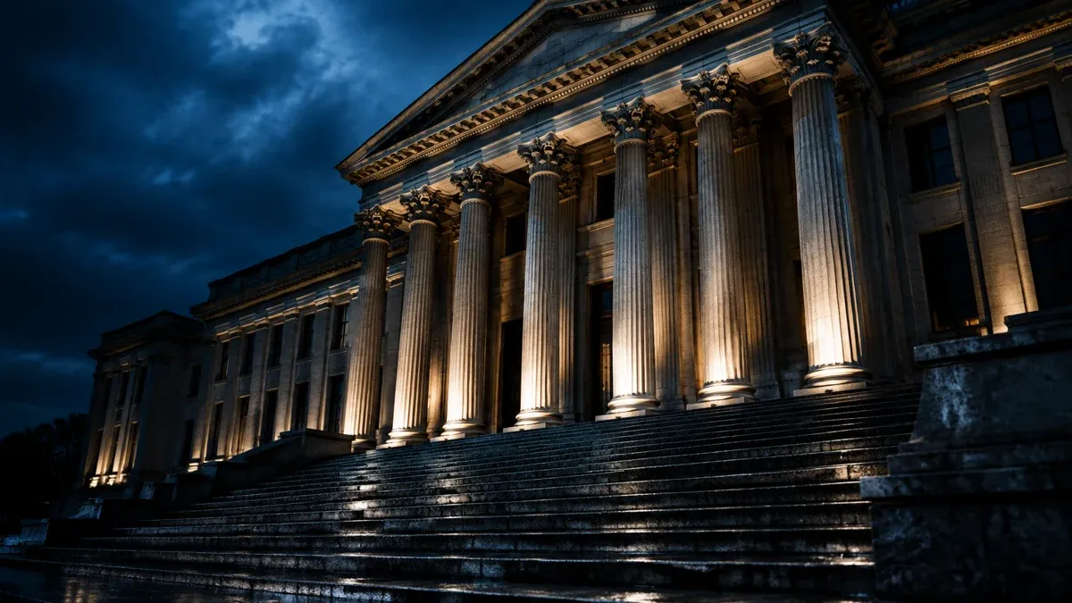 Monumentales klassizistisches Ministeriumsgebaeude mit hohen Saeulen bei Nacht, angestrahlt, mit nasser leerer Steintreppe im Vordergrund