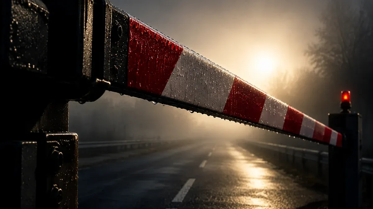 Schwere rot-weisse Schranke, die sich im Gegenlicht eines Nebelmorgens kurz vor dem Schliessen senkt, dahinter eine leere Strasse