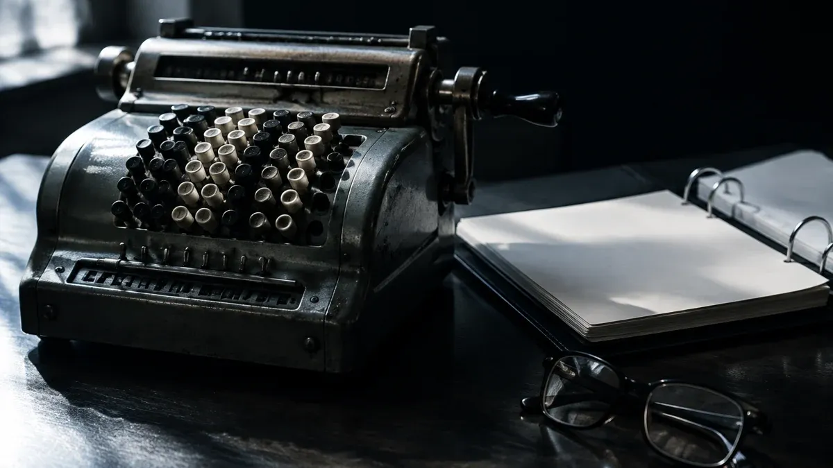 A mechanical metal desk calculator beside a ring binder of blank sheets