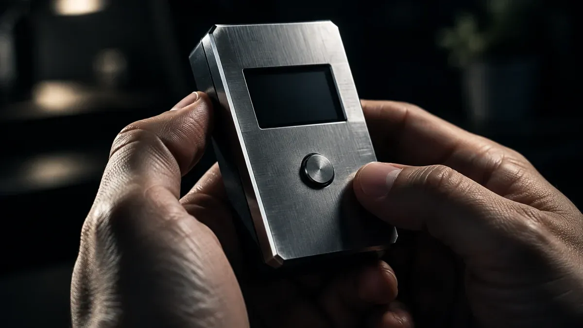 Two hands hold an angular hardware device of brushed metal with a dark mini display