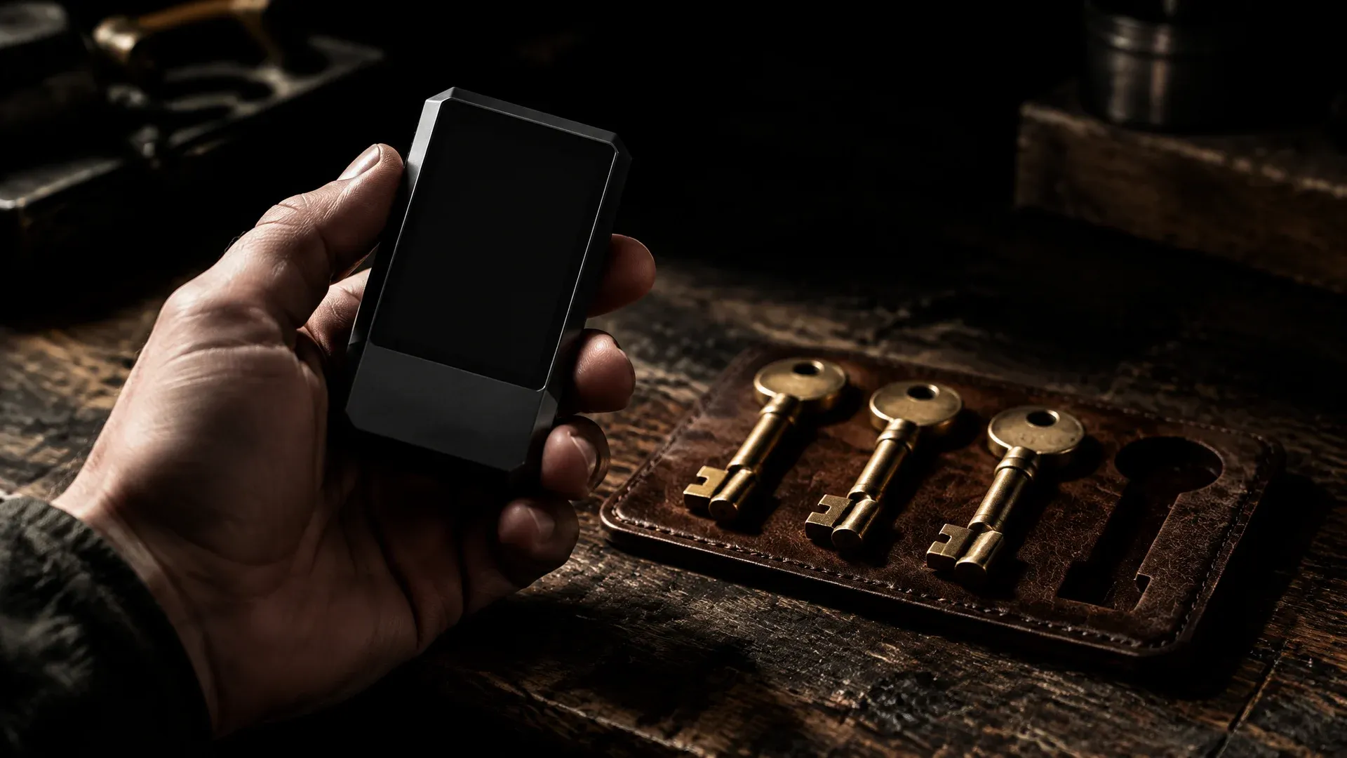 Markenlose Hardware-Wallet in einer Hand ueber einer Werkbank, daneben vier Messingschluessel, einer fehlt in seiner Mulde