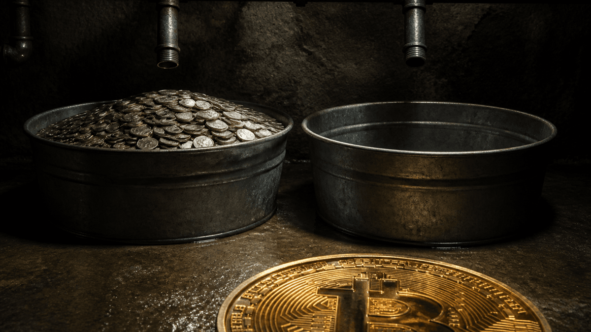 Two galvanised tubs in a concrete cellar beneath pipework: the left one brim-full of silver coins, the right one empty, its inlet pipe ending cut off in mid-air; in the foreground a gold coin with a Bitcoin symbol