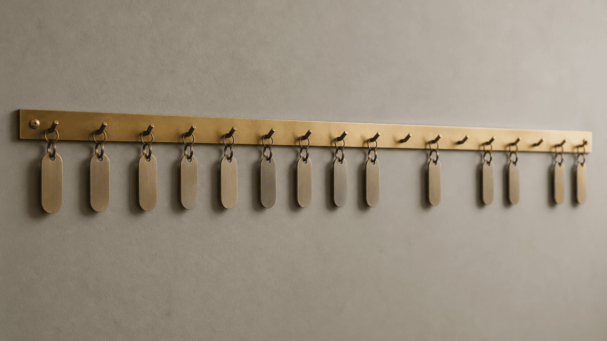 Messingleiste mit einer Reihe Haken an einer Wand, an den meisten haengt ein blanker Metallanhaenger, mehrere Haken sind leer