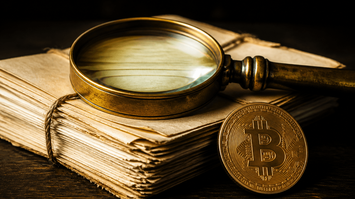 Messing-Lupe über einem dicken Stapel gebundener Vertragsseiten, daneben eine Münze mit eingeprägtem Bitcoin-Zeichen