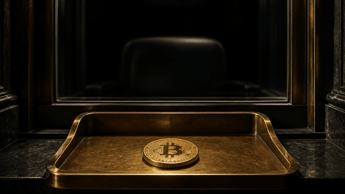 Geschlossener Bankschalter aus Panzerglas mit leerem Stuhl dahinter, auf der Ablage eine Münze mit eingeprägtem Bitcoin-Zeichen